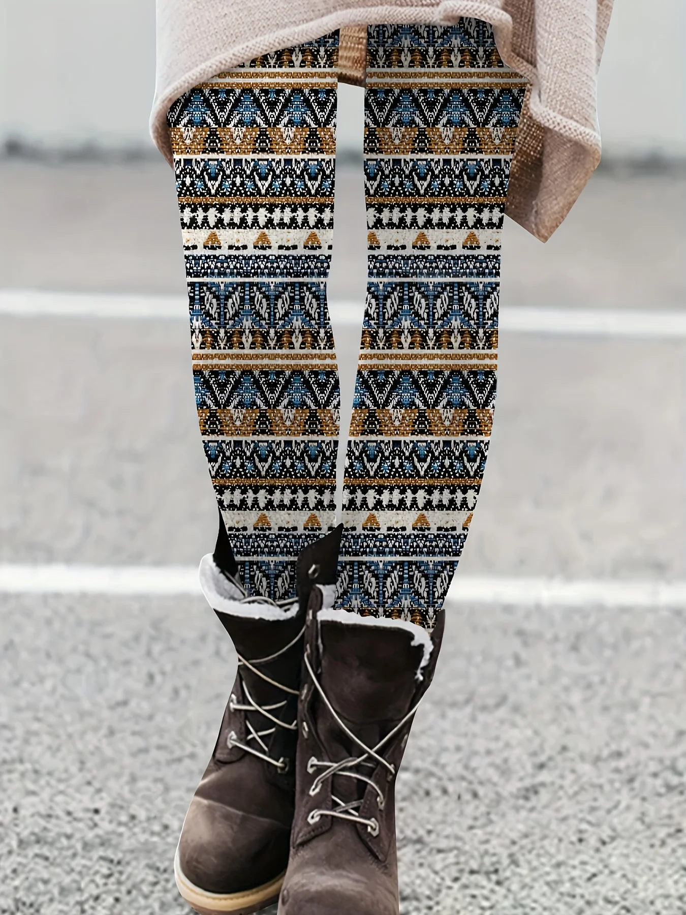 Women's Blue Brown Tribal Geometric Stripe Print Leggings Boho Stretchy Slim Fit Casual Tights