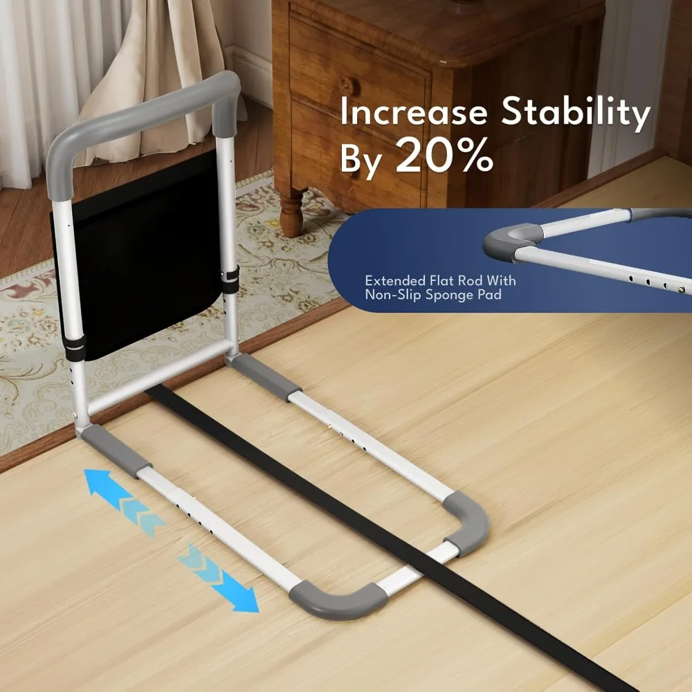 Adjustable Bed Safety Rail for Seniors, 350lbs Heavy Duty Assist Handle with Storage Pocket & Fixing Strap, Fits Standard Beds