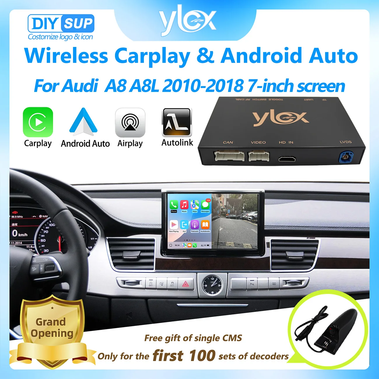 Wireless CarPlay Android Auto Interface for Audi A8 A8L 2010-2018 with Mirror Link AirPlay Car Play Functions Support Rear YT NF