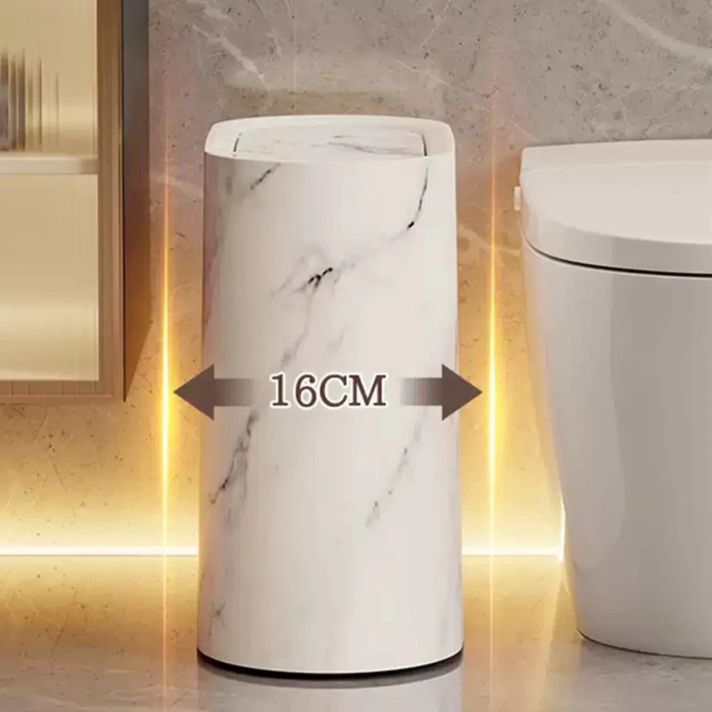Narrow Plastic Waste Bin With Lid, Slim Trash Can For Tight Spaces, Dual Tube Structure Prevents Leaks, Elegant Marble Wood Look