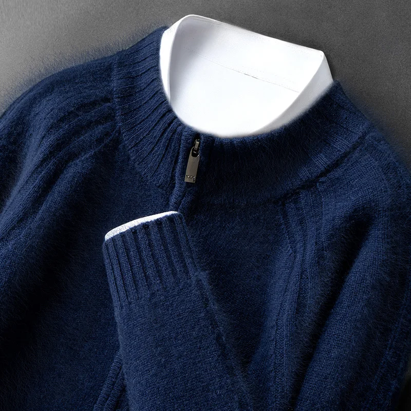 Autumn Winter New Men's Cardigan 100% Pure Cashmere Knitted Jacket Half Turtleneck Thickened Double Zipper Raglan Sleeve Sweater
