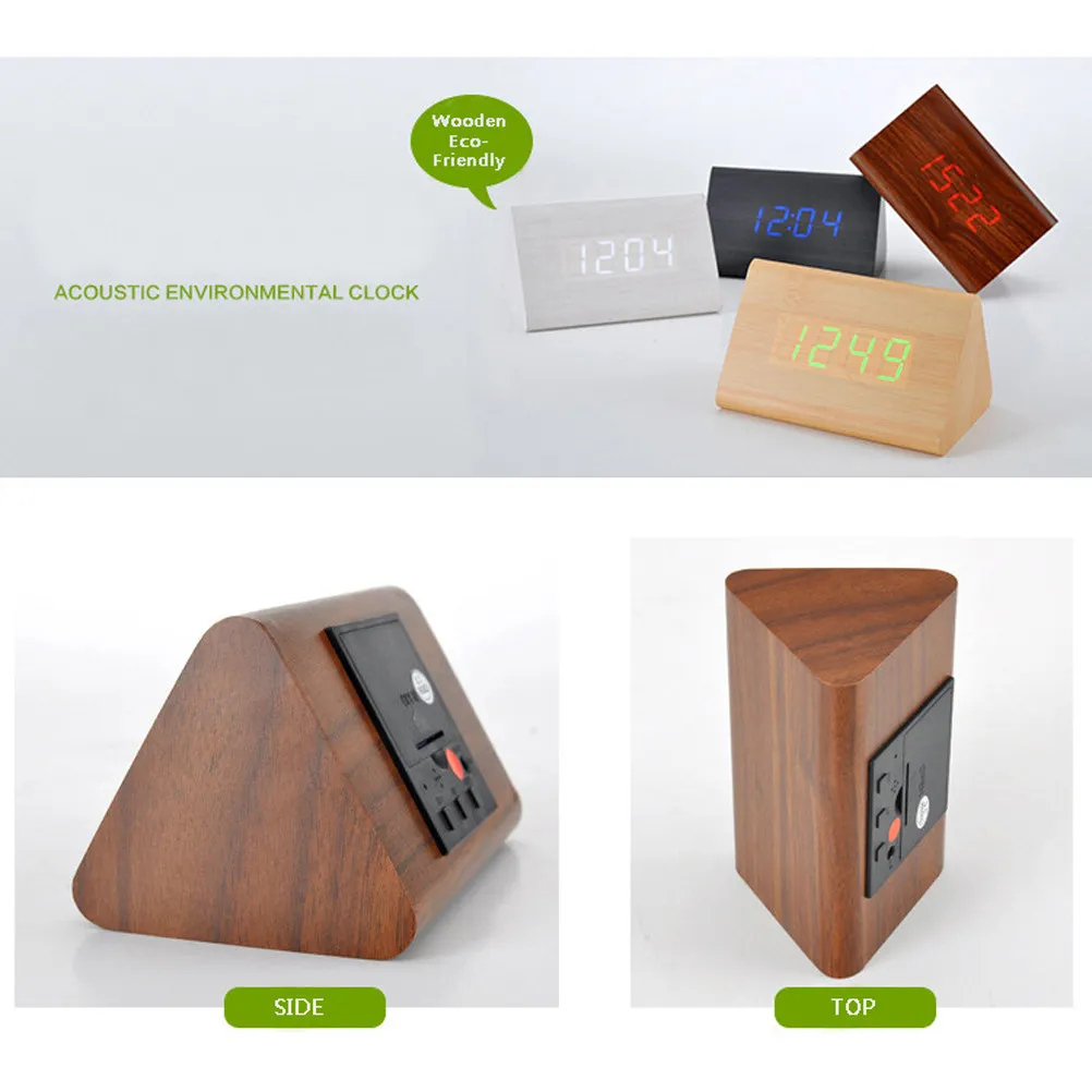 Modern Triangle LED Wooden Alarm Clock with Sound Activation Touch Sensor Indoor Thermometer Display Brown Wood Red Light