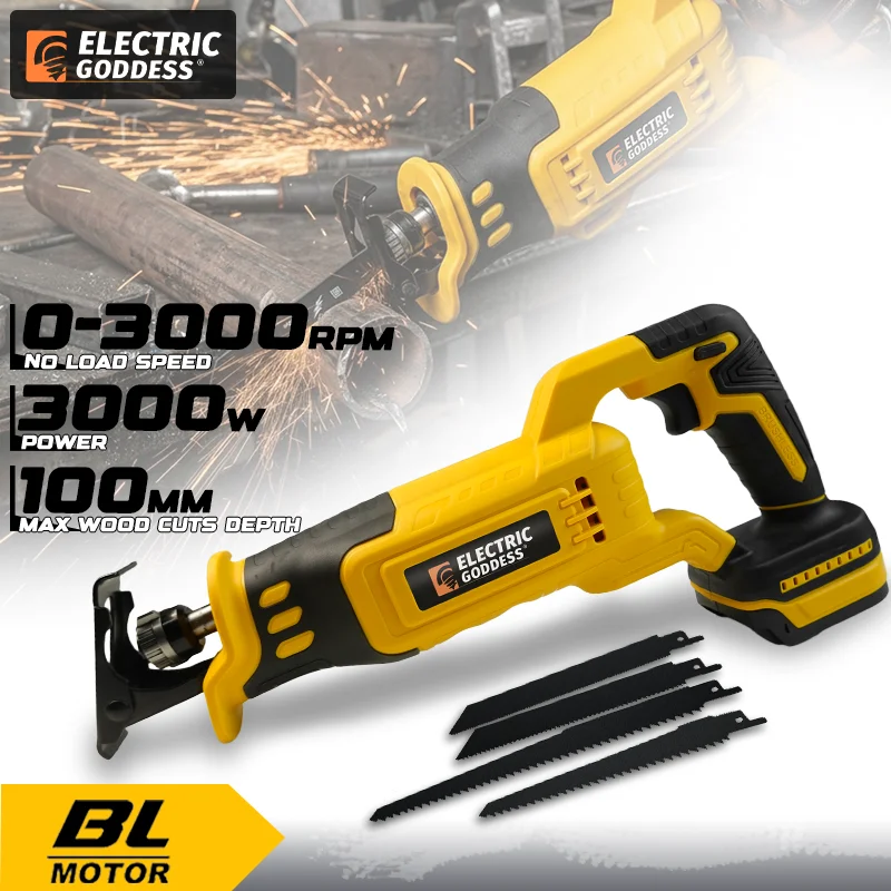 

Electric Goddess Brushless Electric Reciprocating Saw Cordless Wood Cutting Tools With Saw Blade For Dewalt 20V Battery Pins