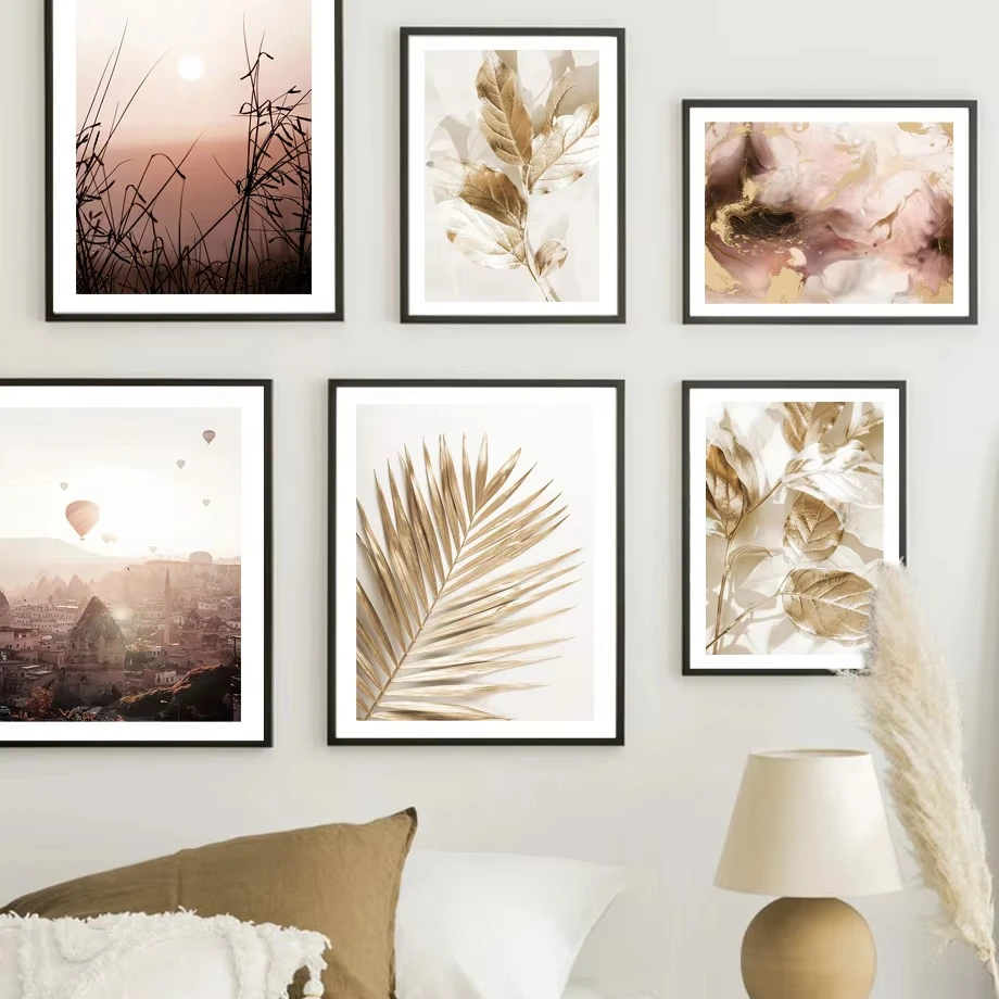 Hot Air Balloon Sunset Landscape Wall ArtGolden Leaf Palm Plants Golden PrintCanvas Painting NordicPoster Living Room Decoration
