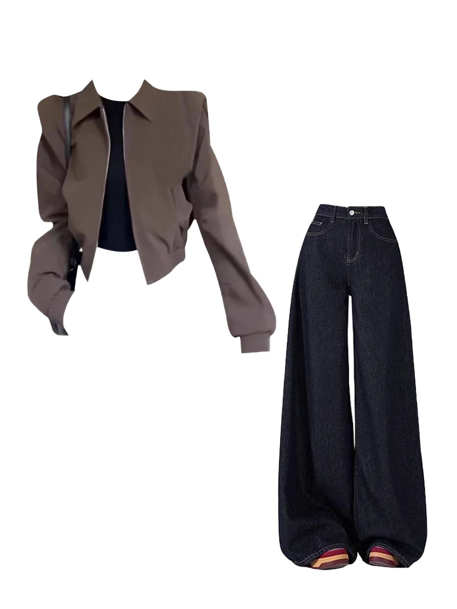 

Parkyeon2025 Brown Shoulder Pad Jacket And Jeans Two-Piece Set Korean Style Early Autumn Fashion Women's Warm Thickened Autum...