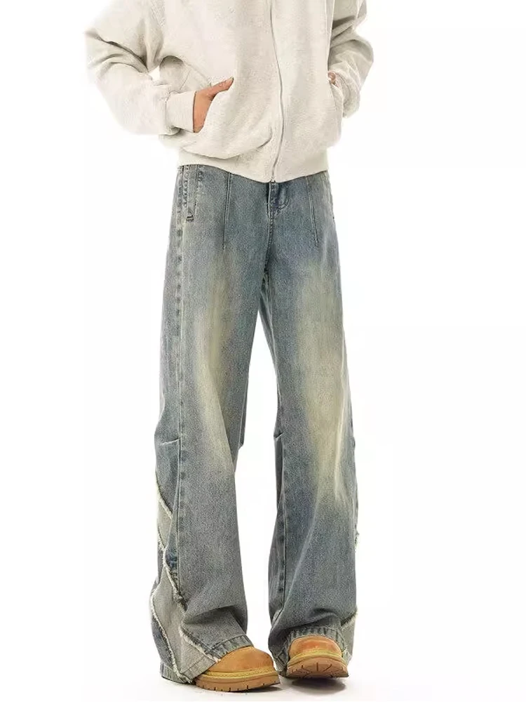 

Retro Blue Distred Knife Jeans Men's American Vintage High Waist Lift Tu Loose Straight Leg Jeans Youth Trend