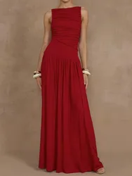 Fashion Solid Color Slim Party Evening Dresses Women Temperament Folds Bodycon Sleeveless Long Dress Elegant Lady Club Vestidos