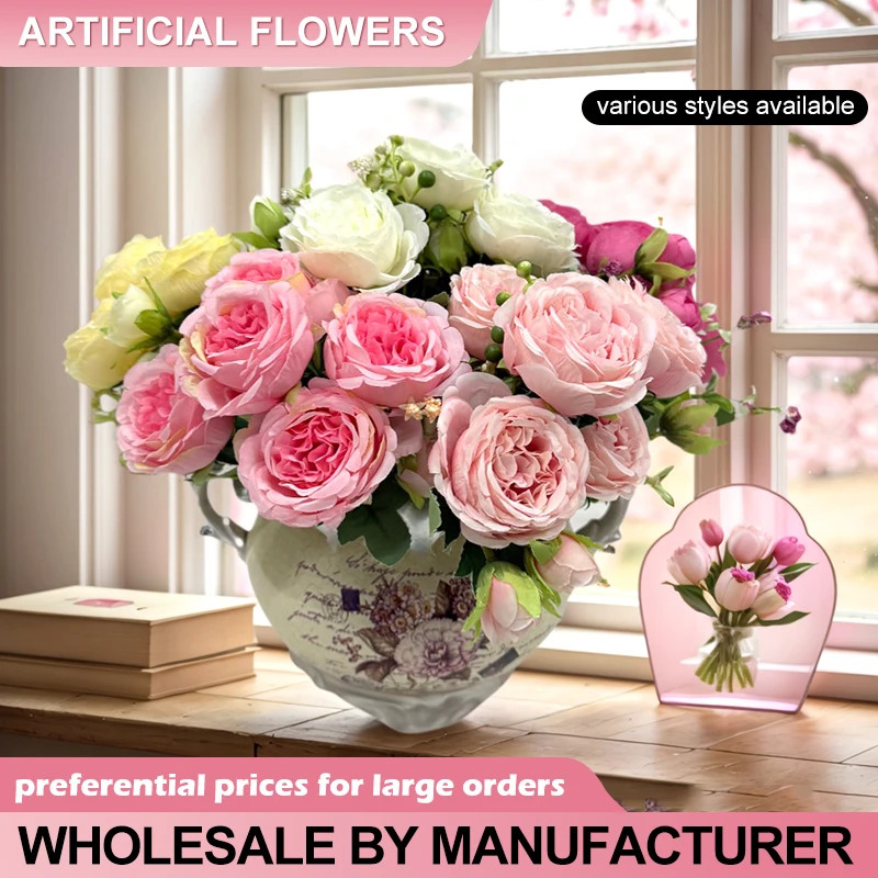 Искусственные цветы, хит продаж, розовый шелковый букет, пион, 5 больших головок, 4 маленьких бутона невесты, свадебное украшение для дома, искусственный цветок