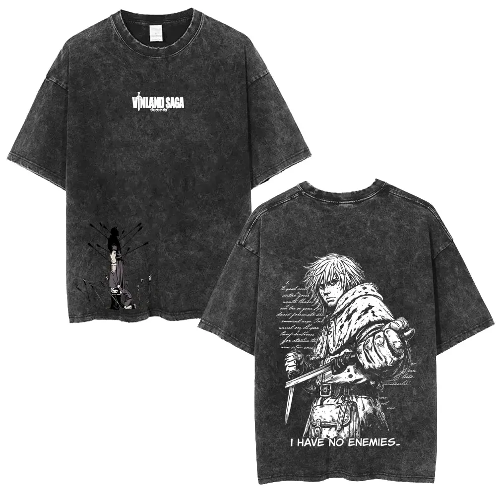 Anime Vinland Saga Thorfinn I Have No Enemies Washed Vintage T Shirt Men's Women Manga Casual Oversized T-shirts Male Streetwear