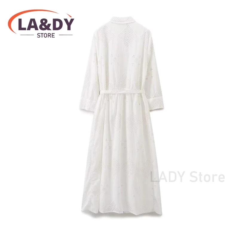 Dress Woman 2024 Summer Fashion Simple Hollow Out Embroidery Female Solid Color Long Sleeve Belt Casual Midi Dresses