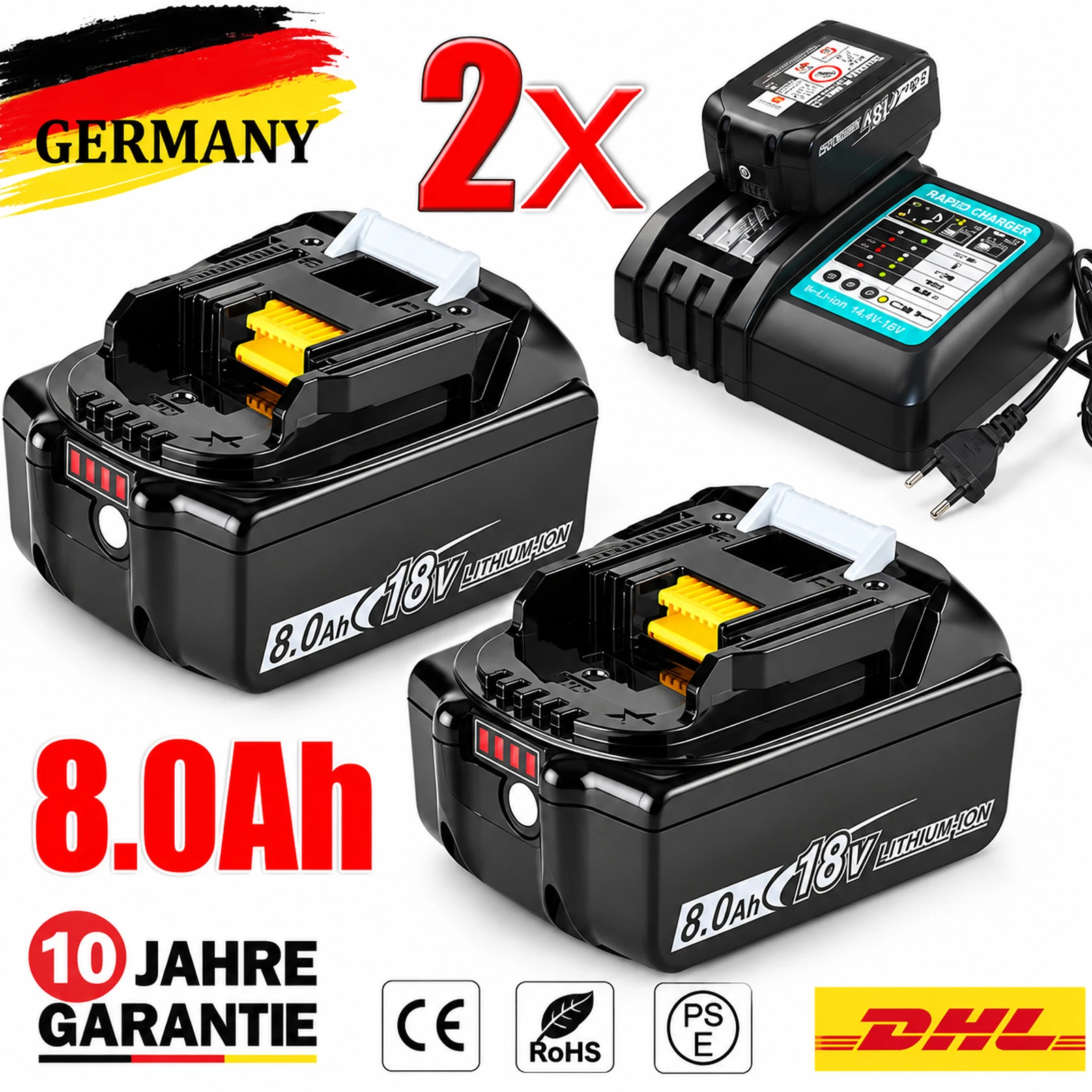 2x Batteria 18V 8.0Ah Sostitutiva per Batteria Makita 18V Li-Ion BL1860B BL1850B BL1830 Batteria di Ricambio 97422-4 DHL