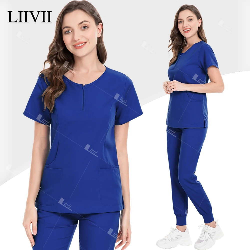 Scrub medico Set Uniformi da infermiera Donna Tuta chirurgica Zip Scollo a V Tasca Top + Pantaloni da jogging Ospedale Clinica odontoiatrica Medico Abbigliamento da lavoro