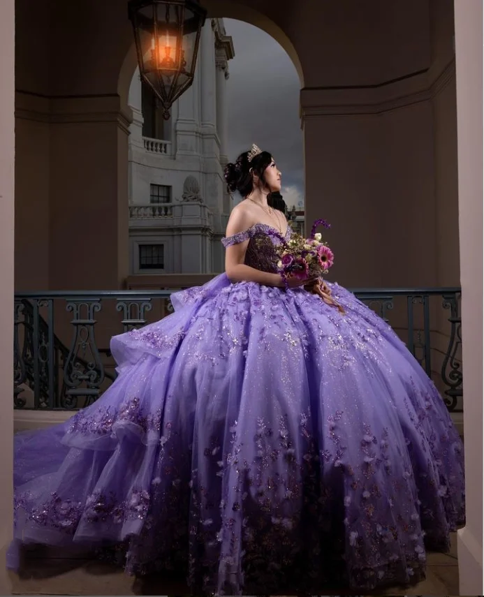 Sparkling Princess Quinceanera Dresses Lilac Purple One Shoulder Floral Applique Boning Corset Lace Cathedral vestidos largos