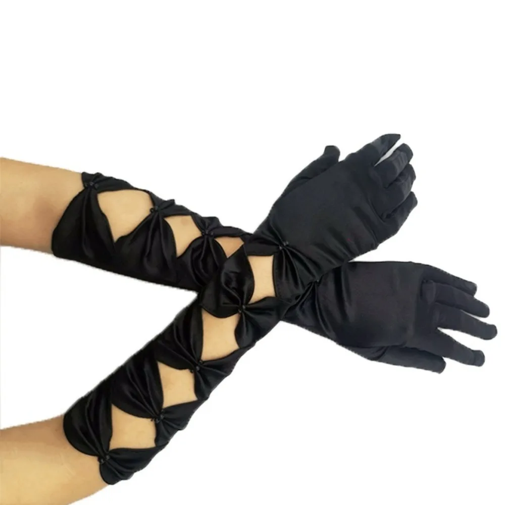 우아한 여성 긴 장갑 탄성 여성 봄 여름 전체 손가락 장갑 빈티지 새틴 웨딩 드레스 장갑 파티 용품