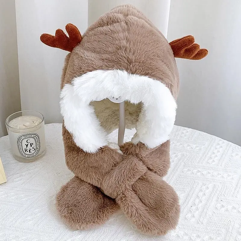 Winter children\'s hats scarves integrated men and girls thickened warm baby cute baby antlers windproof ear protection cap