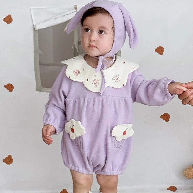 

Cute 0-24M Baby Girl Romper Set Autumn Long Sleeve Doll Collar Rabbit Embroidery Bodysuit with Bunny Ear Hat 2-Piece Set