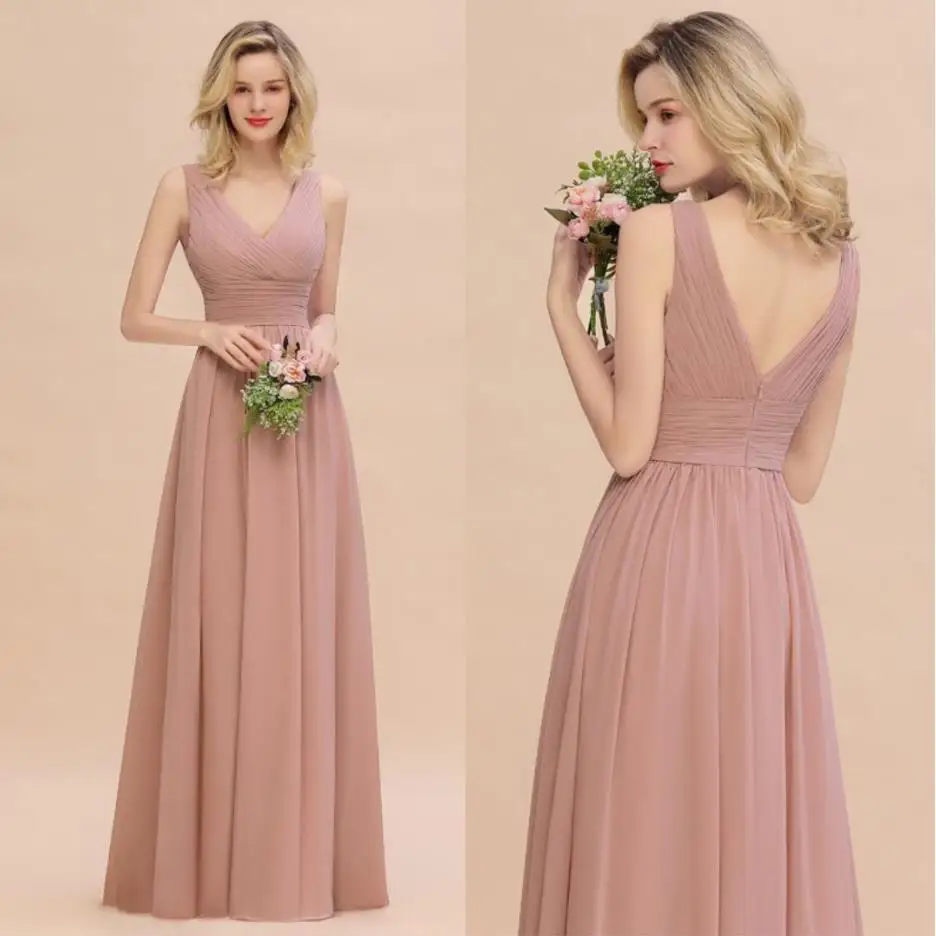 

Elegant Chiffon Dusty Rose Bridesmaid Dress V Neck Sleeveless Floor Length vestidi madrinha de casamento