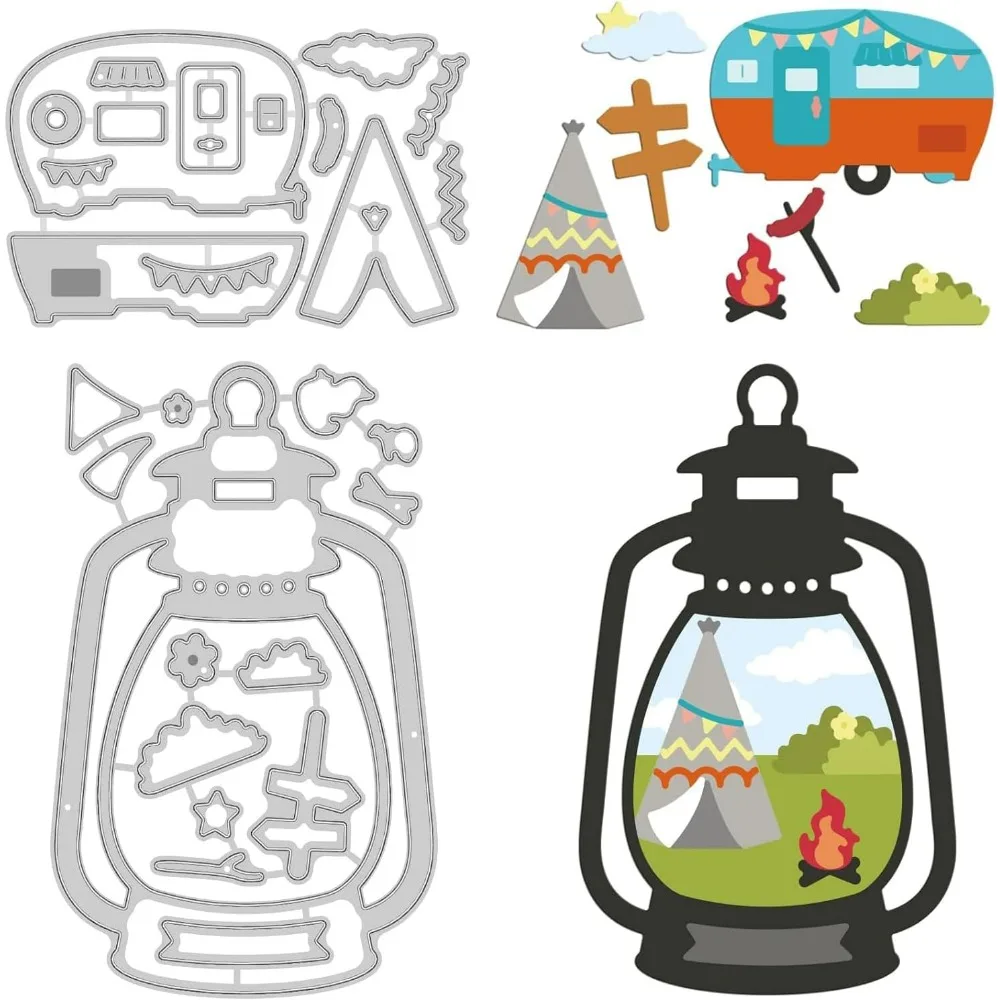 Camping Metal Cutting Dies Lights and Tents Die Cuts for DIY Scrapbooking Festival Birthday Wedding Cards Making Album Envelope