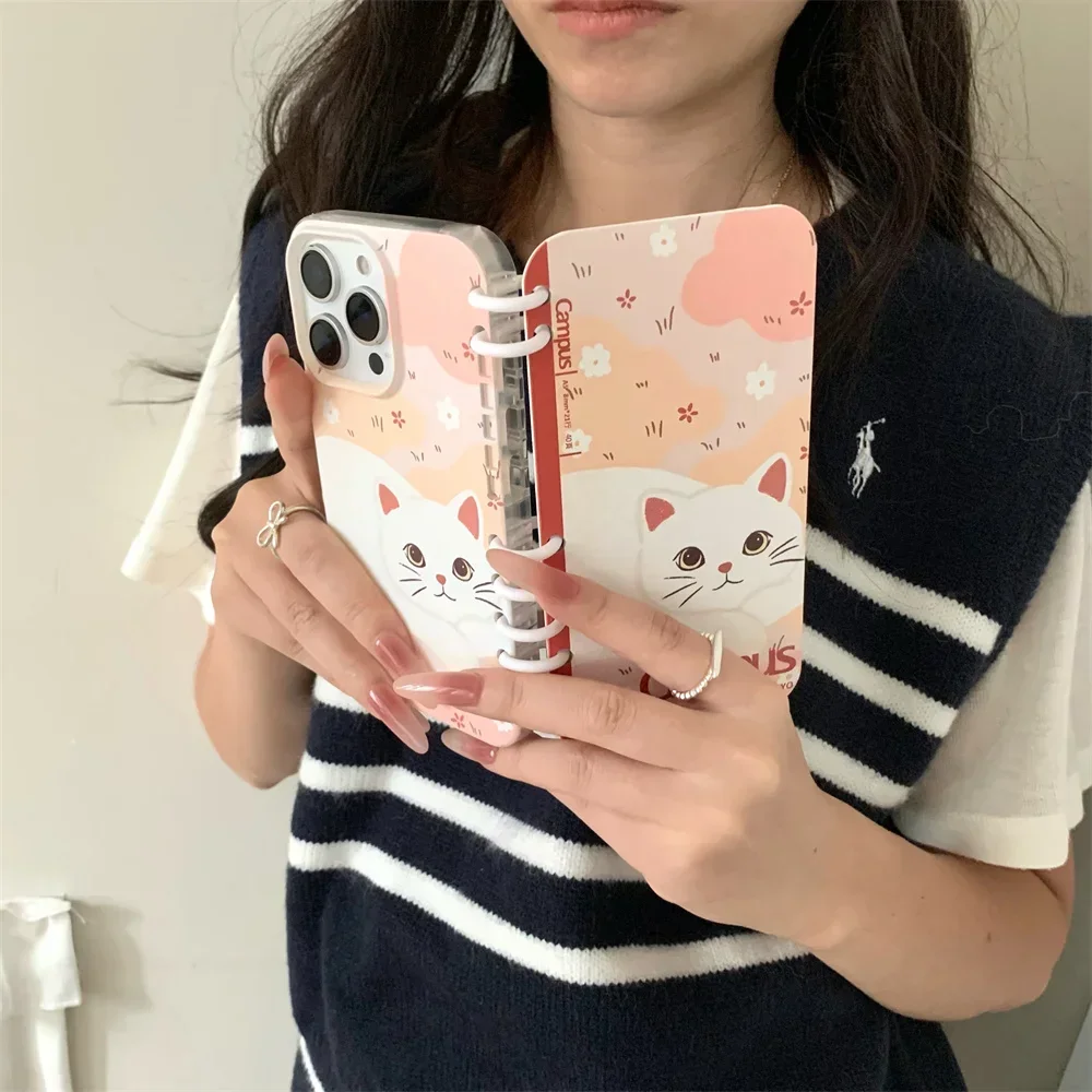 Cute Cat Spiral Notebook Style Flip Phone Case For iPhone 16 Pro Max 15 14 13 Crad Slot Holder Stand PU Leather Shockprrof Cover