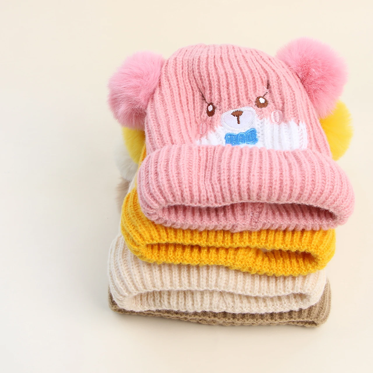 หมีน่ารักเด็กหมวกฤดูหนาวเด็กอบอุ่นถักหมวกคู่ Pompom ทารกโครเชต์ Bonnet Plush Ball ทารกแรกเกิดขนสัตว์หมวก 0-1Year