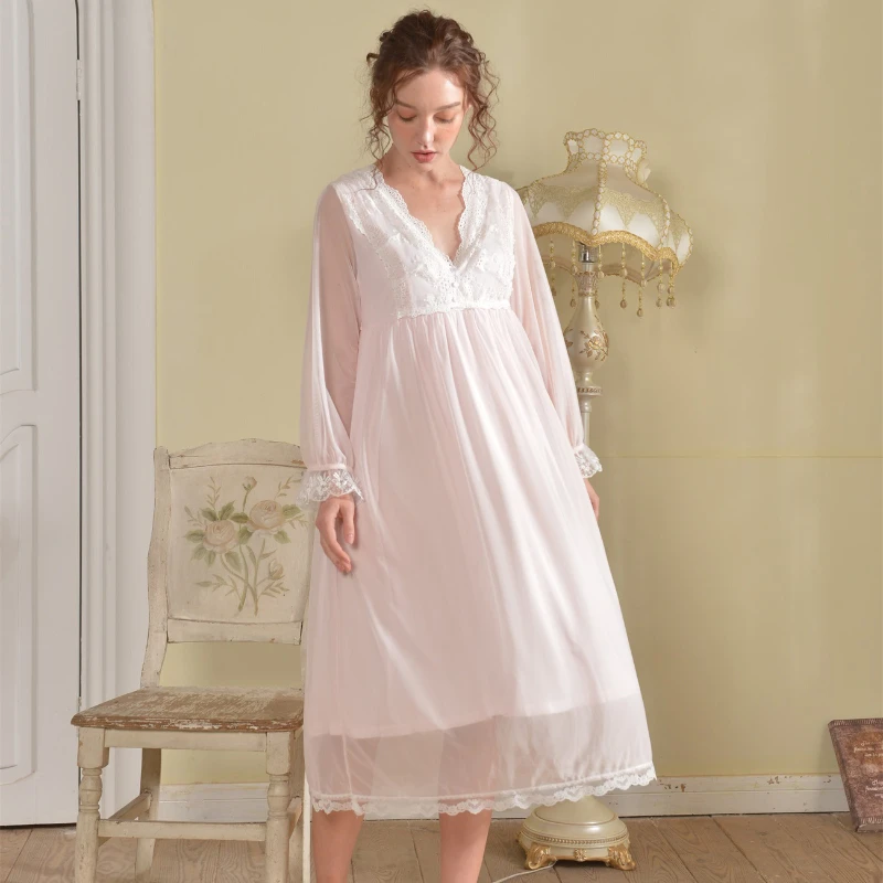 

Fairy Autumn Mesh Night Dress Princess Sleepwear Nightwear Women Sweet Cotton V Neck Full Sleeve Nightdress Lace Long Nightgown