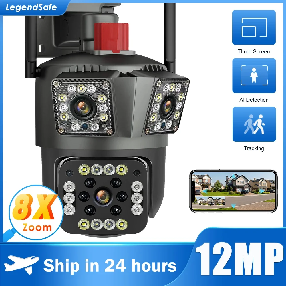 Legendsafe 12MP 6K WIFI IP Outdoor Camera Motion Tracking PTZ 4K Video Camera Three Lens Three Screen Waterproof Security System