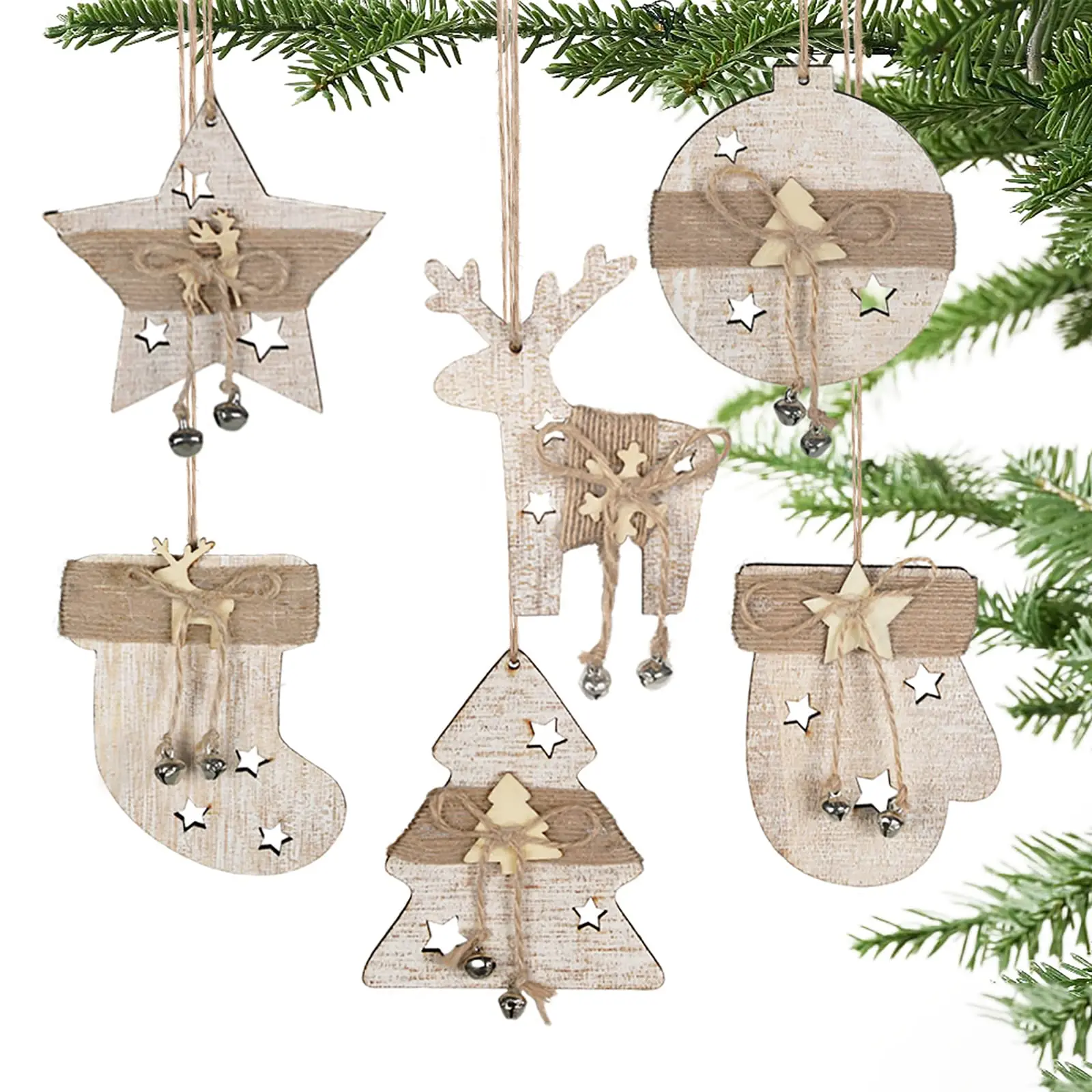 12 pcs Christmas Tree Ornaments Decorations with Drawstrings, 6 Style Wooden Christmas Ornaments, for DIY Crafts, New Year decor