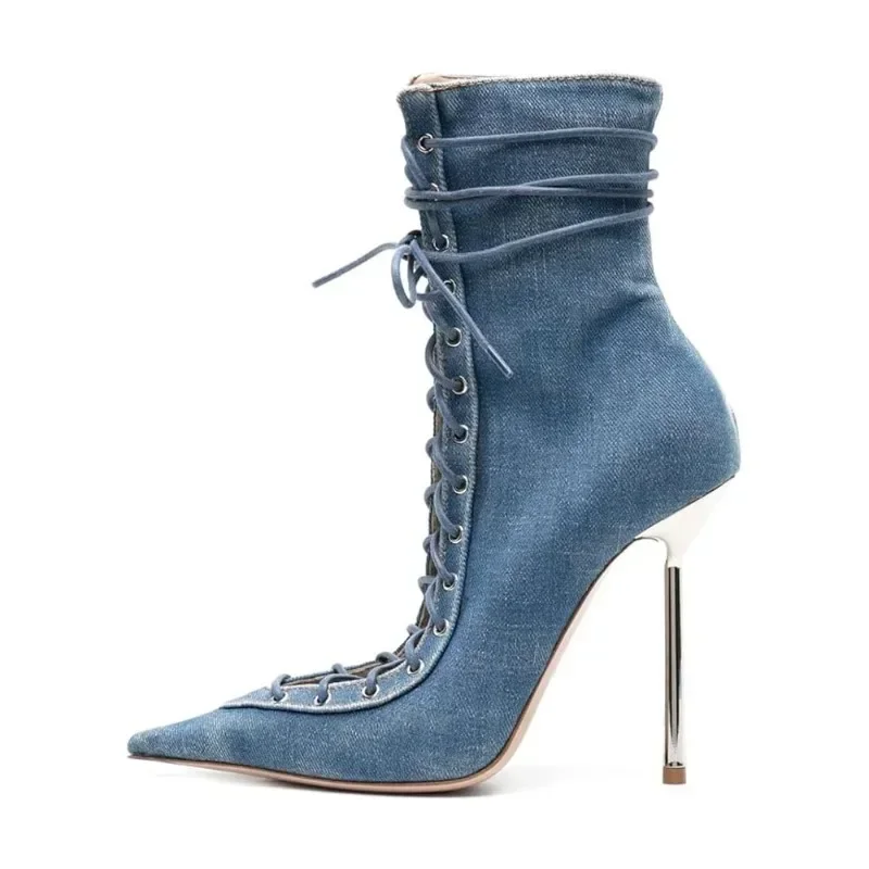 2025 Pointed Hollow Cross Tie Thin High-heeled Cool Boots for Women, Sexy Mesh Fabric Plus Size Fashion High Leg Knee Boots