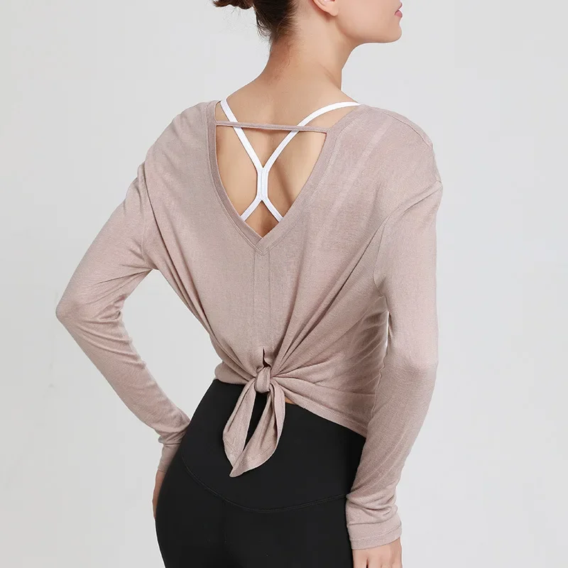 Women Thin Loose Yoga Shirts Bandage Long Sleeves Sports T-Shirts Hollow Out Running Shirt Forked Gym Fitness Tops Blouse Female