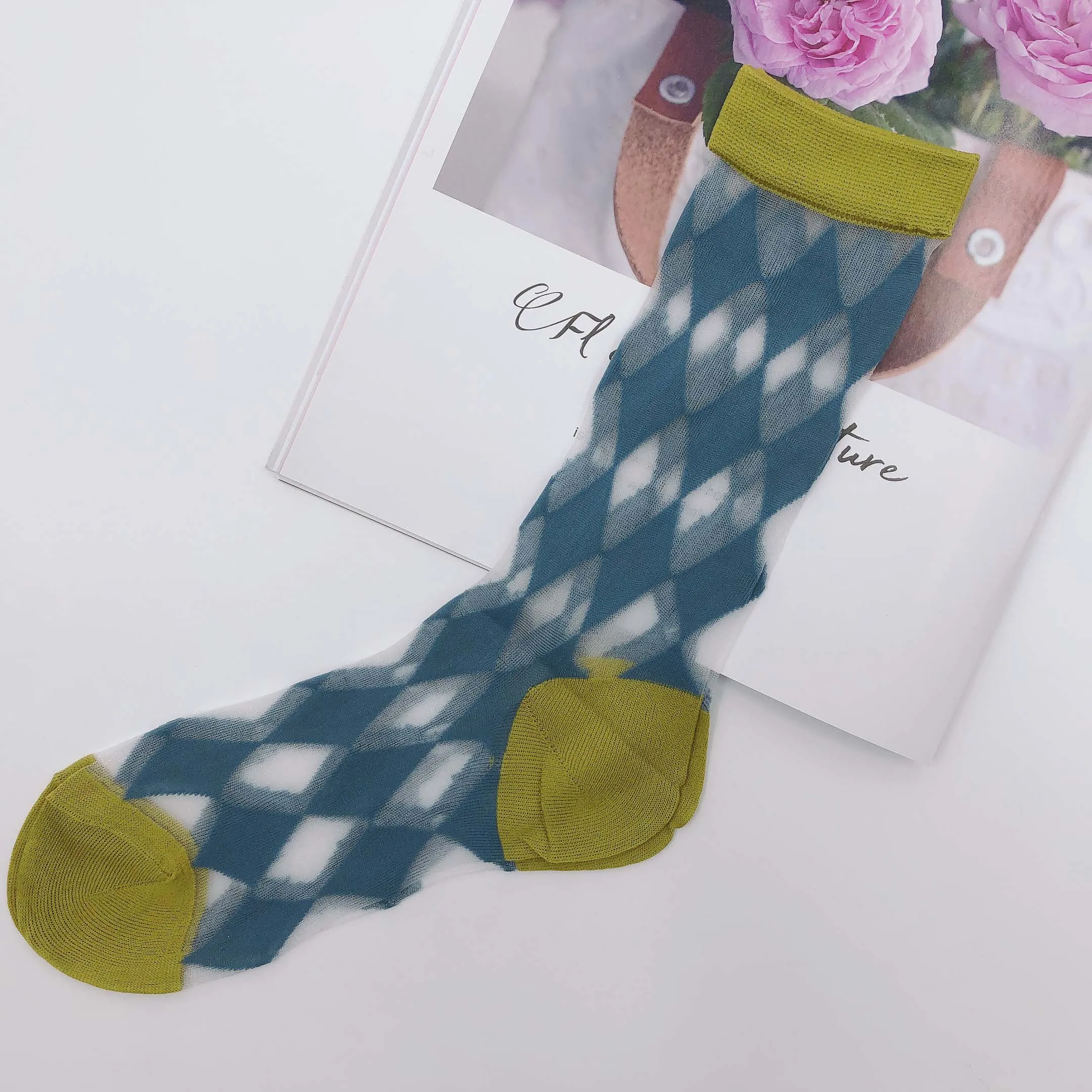 Women Socks Breathable Glass Spring Summer Fashion Cute Japanese Style Diamond Hit Color Internet Socks Ins Sexy Silk Check Grid