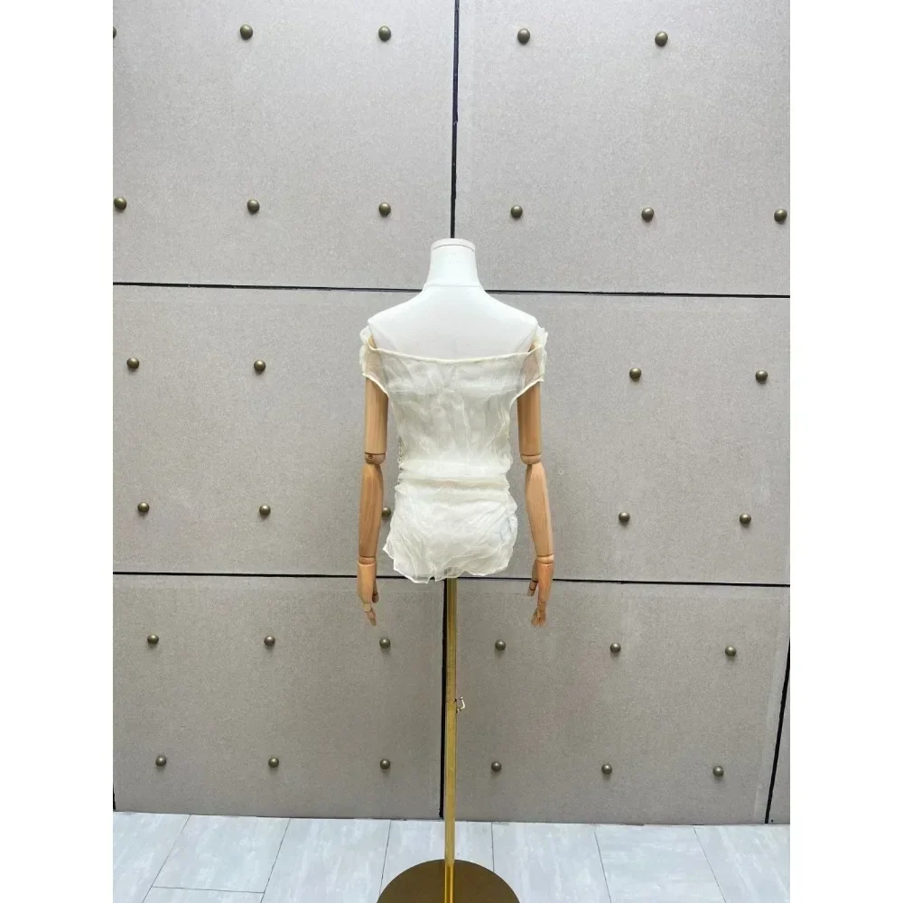 

2025 Fashion Beige Off The Shoulder Sleeveless Woman Blouses
