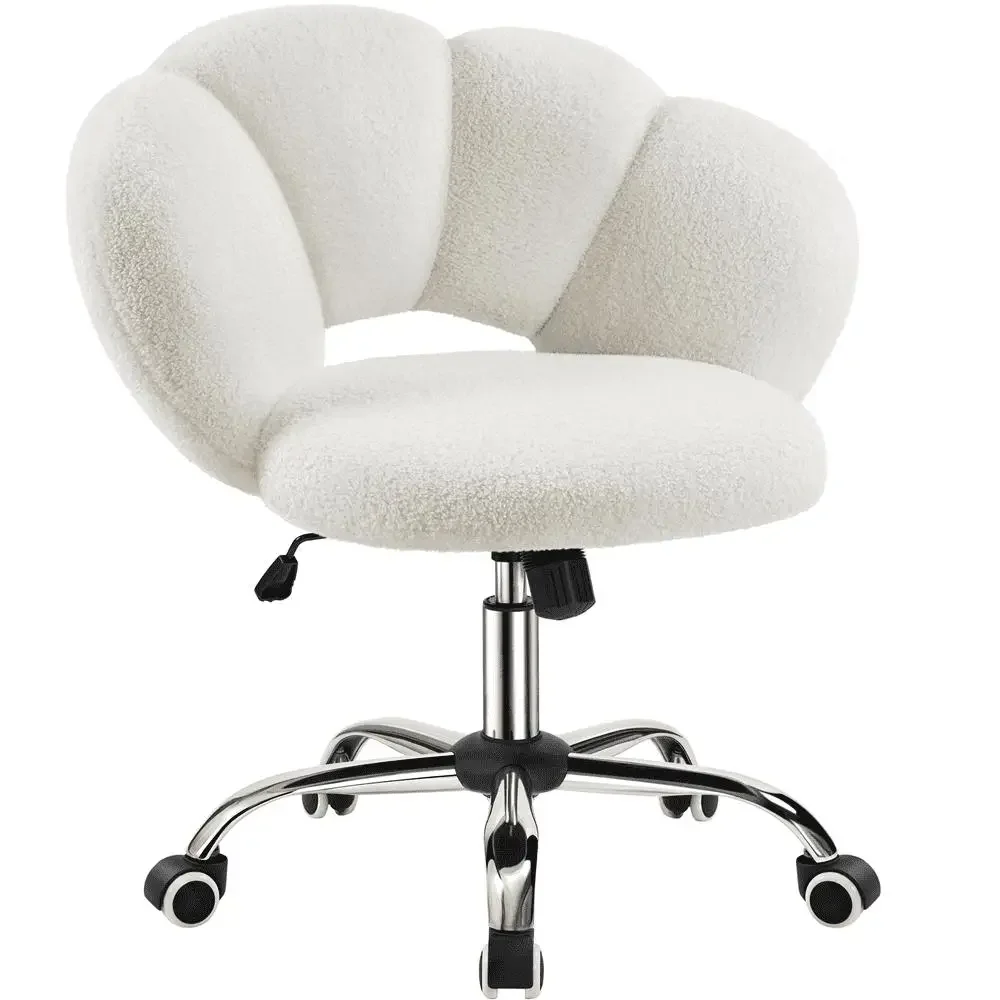 Armless Desk Chair Height Adjustable Boucle Fabric White Comfortable Curved Backrest Foam Rocking 360° Mobility Medium-Firm