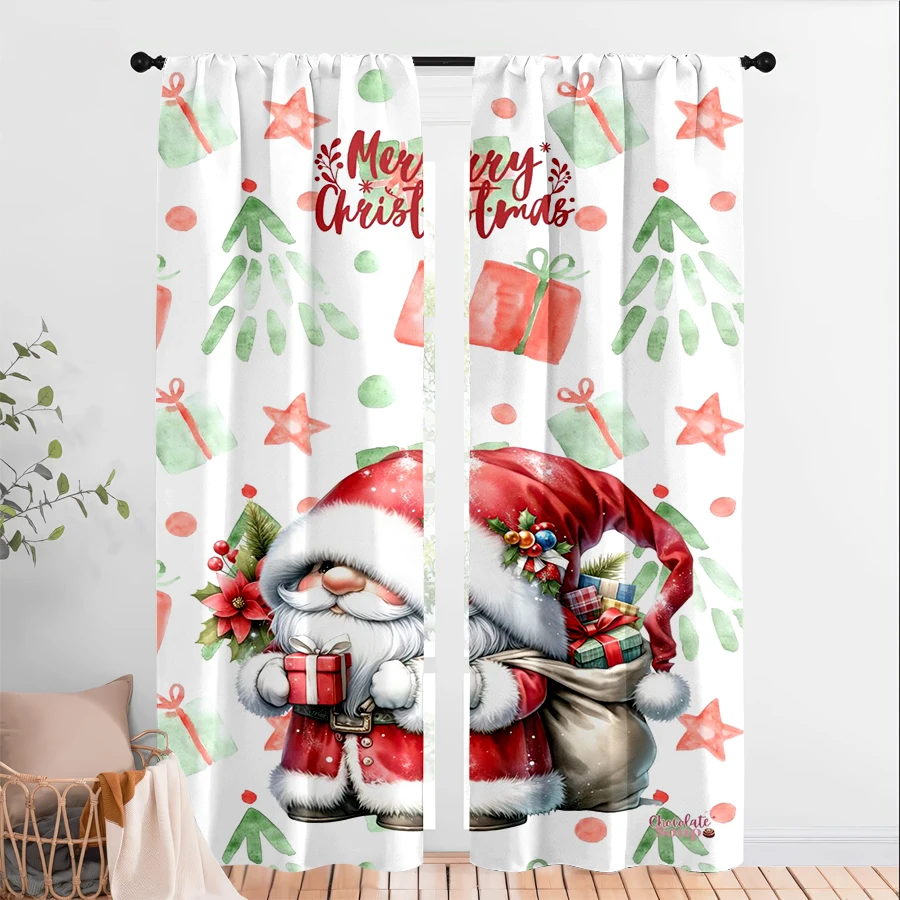 2PCS Digital Print Curtains, Cartoon Christmas Gnome with Gift Bag Tree Doodles Stars Merry Christmas, Cute Kawaii Illustration