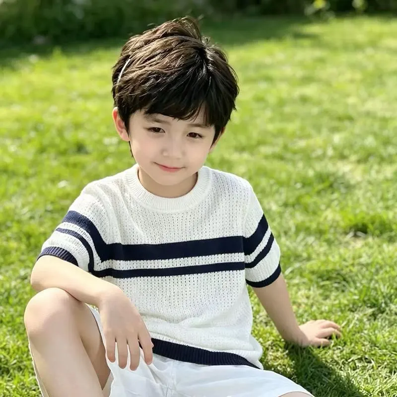 Boys' hollow knitted T-shirt summer new style children's short sleeved thin T-shirt round neck top