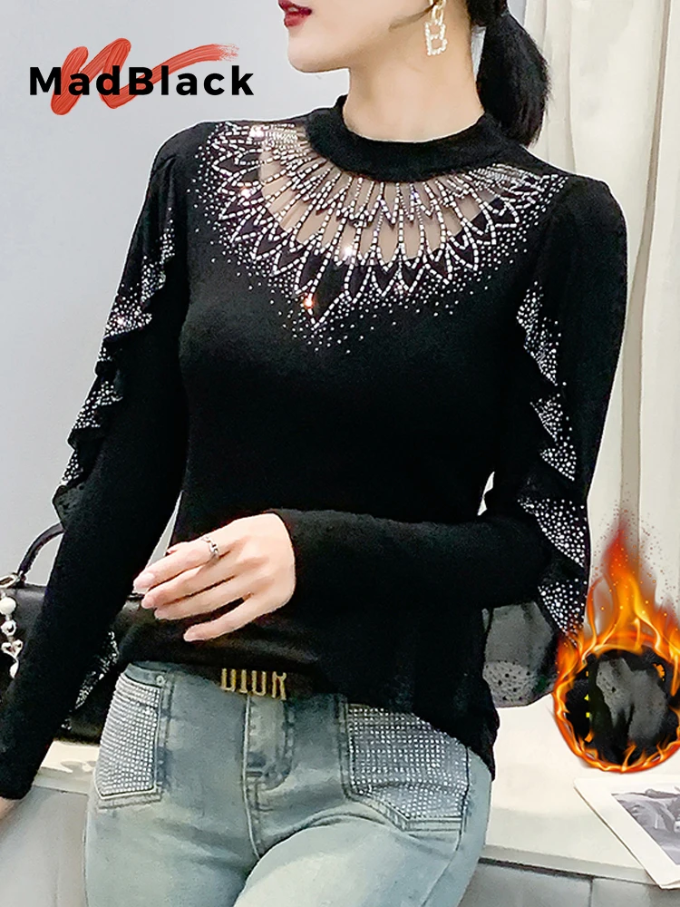 

MadBlack-Women European Fleece T-Shirt, Sexy Turtleneck Diamond, Fashion Long Sleeve Slim M-3XL Knit Tee, 2025 Winter T5N975CC