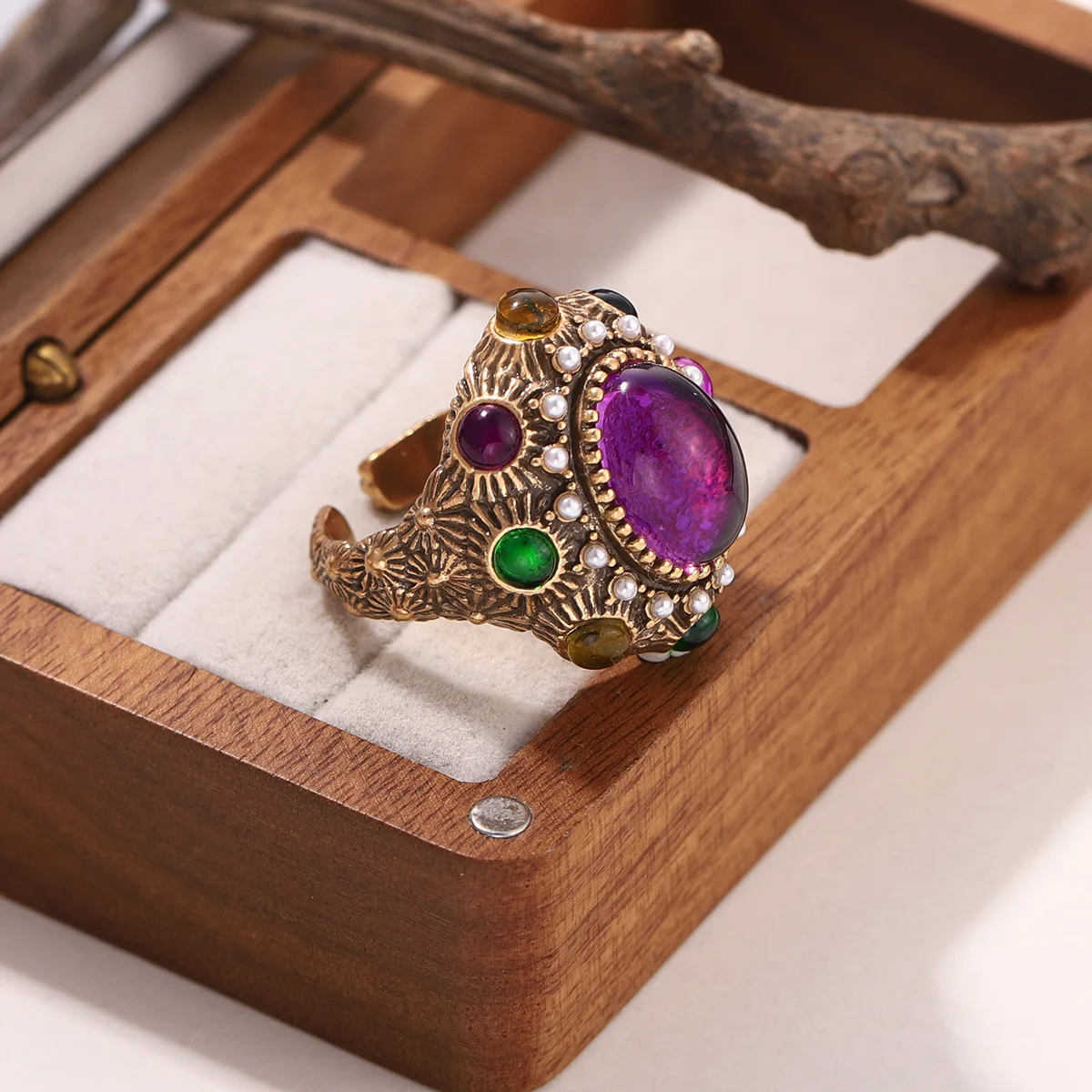 خاتم كريستال أرجواني بيضاوي اللون ذهبي عتيق للنساء خواتم مفتوحة مرصعة باللؤلؤ الباروكي مجوهرات الخطوبة #5