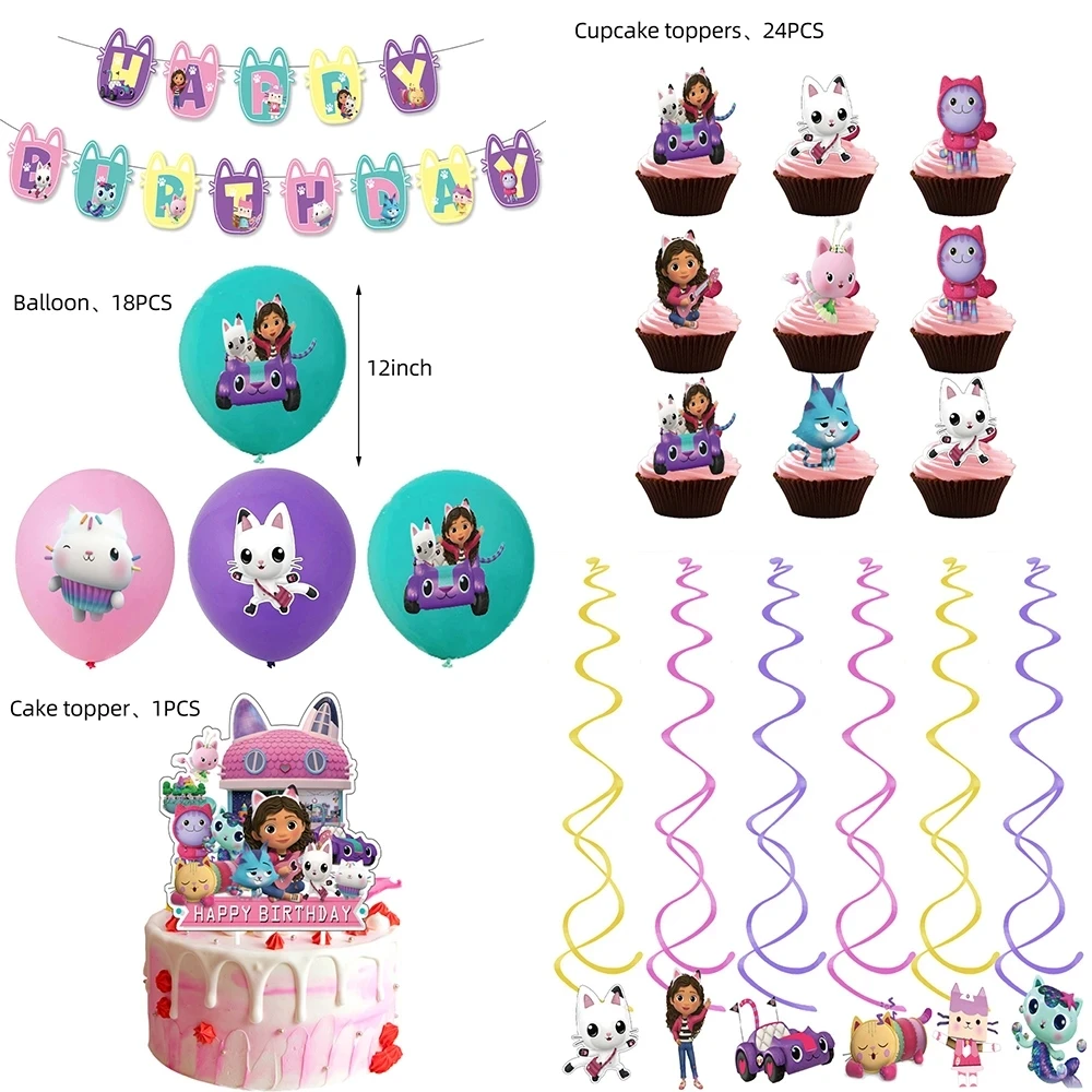 Gabby Dollhouse Cats Birthday Decoration Balloon Disposable Tableware Backdrop For Kids Gabby Doll House Figures Party Supplies