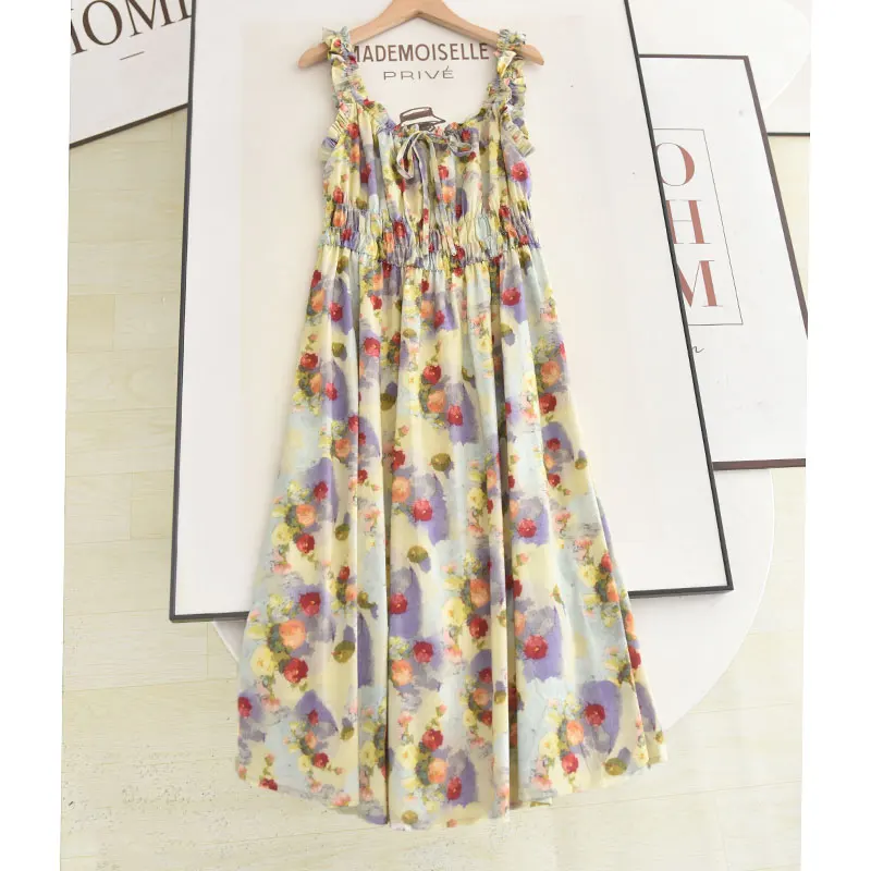 Letnia sukienka damska z długim paskiem, wzór retro olejny, kwiatowy, wyszczuplająca talię, styl Faion Dr, lato 2025.