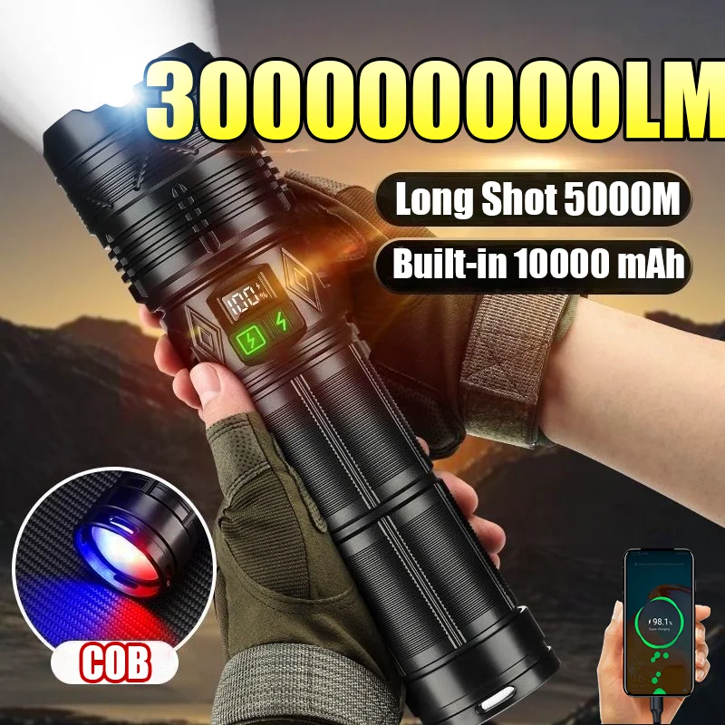 

300000000LM Ultra Bright LED Flashlight USB Rechargeable Zoom Flashlights 5000M ABS Tactical Torch Camping Fishing Work Lamp