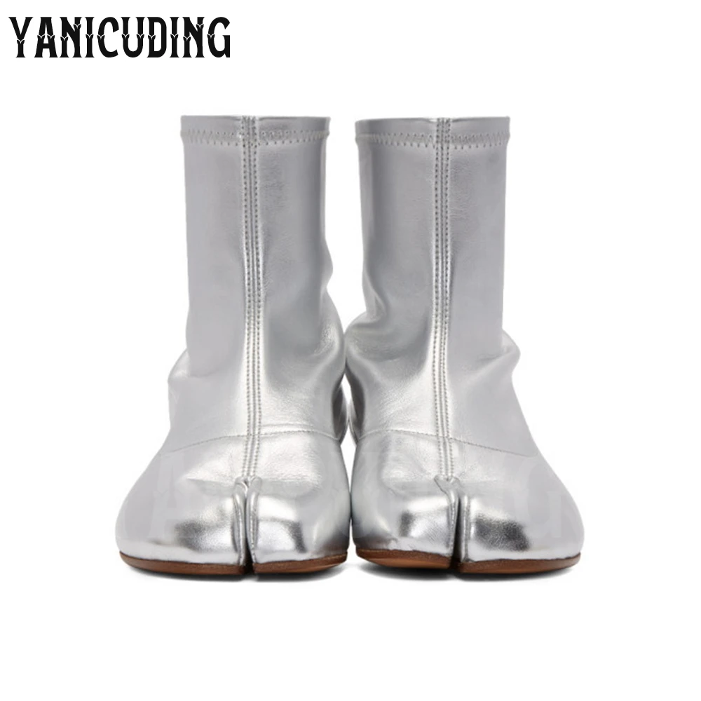 Metallic Silver Stretch Leather Sock Tabi Boots Ankle-High Cylindrical Block Heel Women Booties Cleft Square Toe Stitching Boots