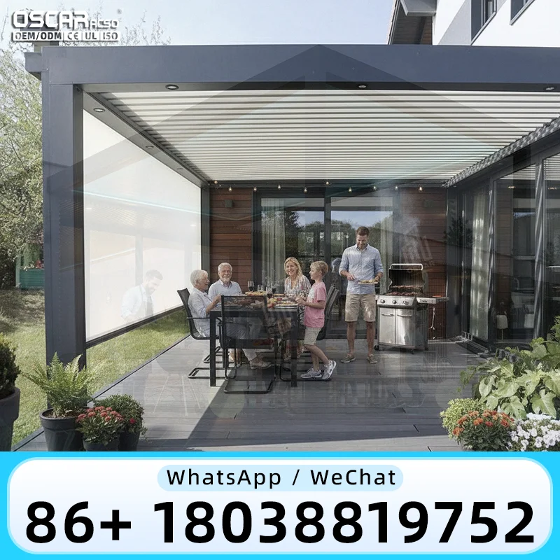Sturdy Outdoor Pergola with Retractable Canopy and Adjustable Louvers Premium Elegant Innovative Garden Arbor Patio Trellis Back
