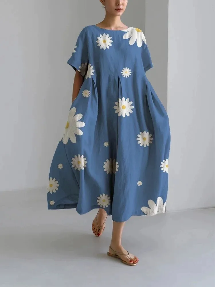 

Summer Women's New Fashionable 3D Printed Linglong Linen Casual Loose Short Sleeved Round Neck Dress