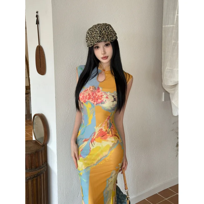 Modern Chinese Style Floral Qipao Dress for Women Reversible Mesh Tank Maxi Dress with Elegant National-Inspired Design Trendy