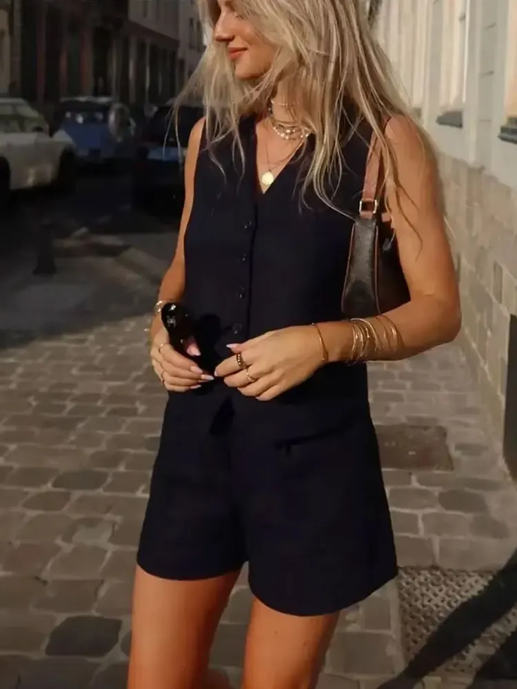 HH Causale Lino Solid Gilet per le donne 2024 Estate senza maniche con scollo a V monopetto Office Lady Fashion Gilet di lino Top