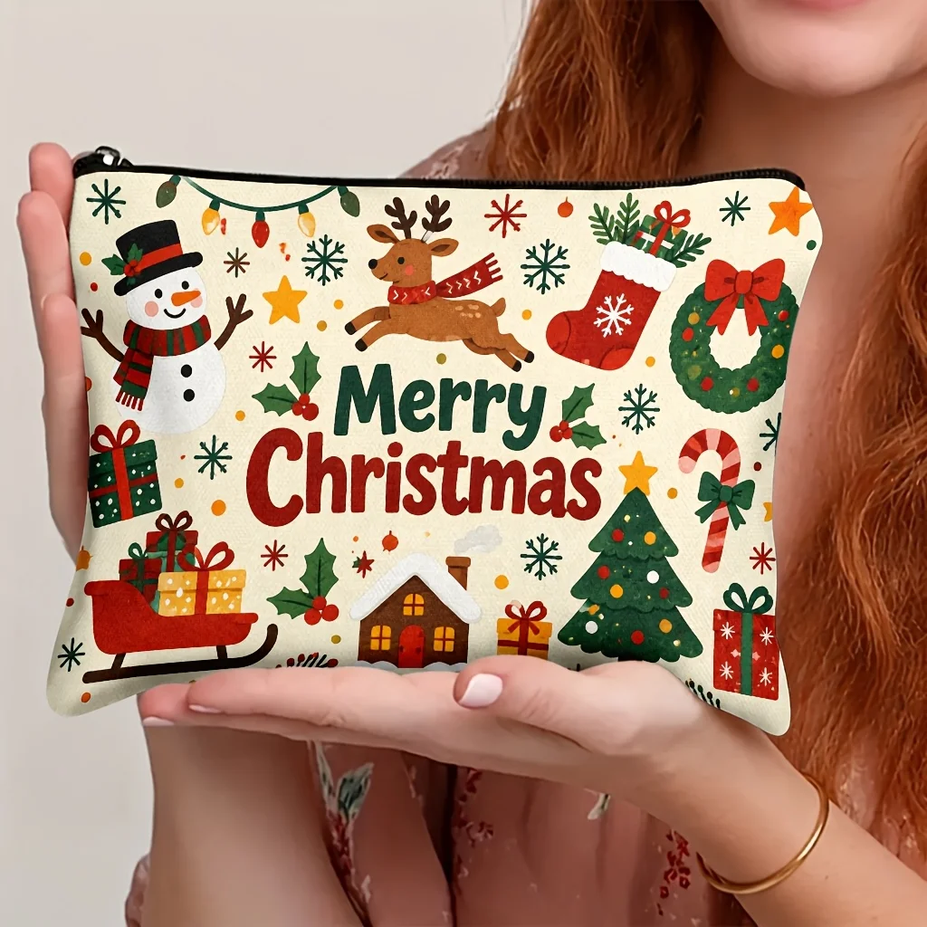 Christmas Makeup Bag Snowman Reindeer Xmas Tree Sock Wreath Gift Print Zipper Cosmetic Pouch Portable Storage Pouch Holiday Gift