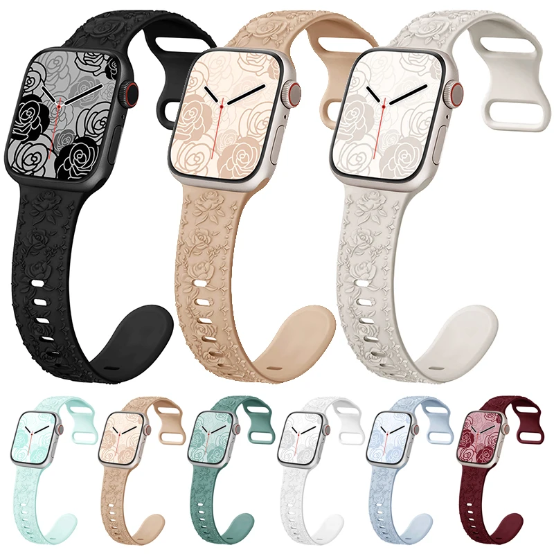 Strap for Apple watch Band 44 42 45 40 41 46 49 mm Rose Floral Engraved bracelet correa iWatch Series 4 5 6 7 8 9 10 11 SE Ultra