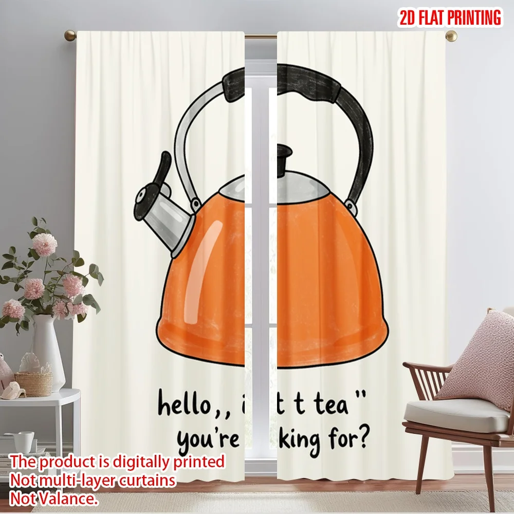 

2pcs 2D flat printing Curtains Retro Orange Kettle Tea Time Polyester Without Electricity Holiday Decorations for Indoor