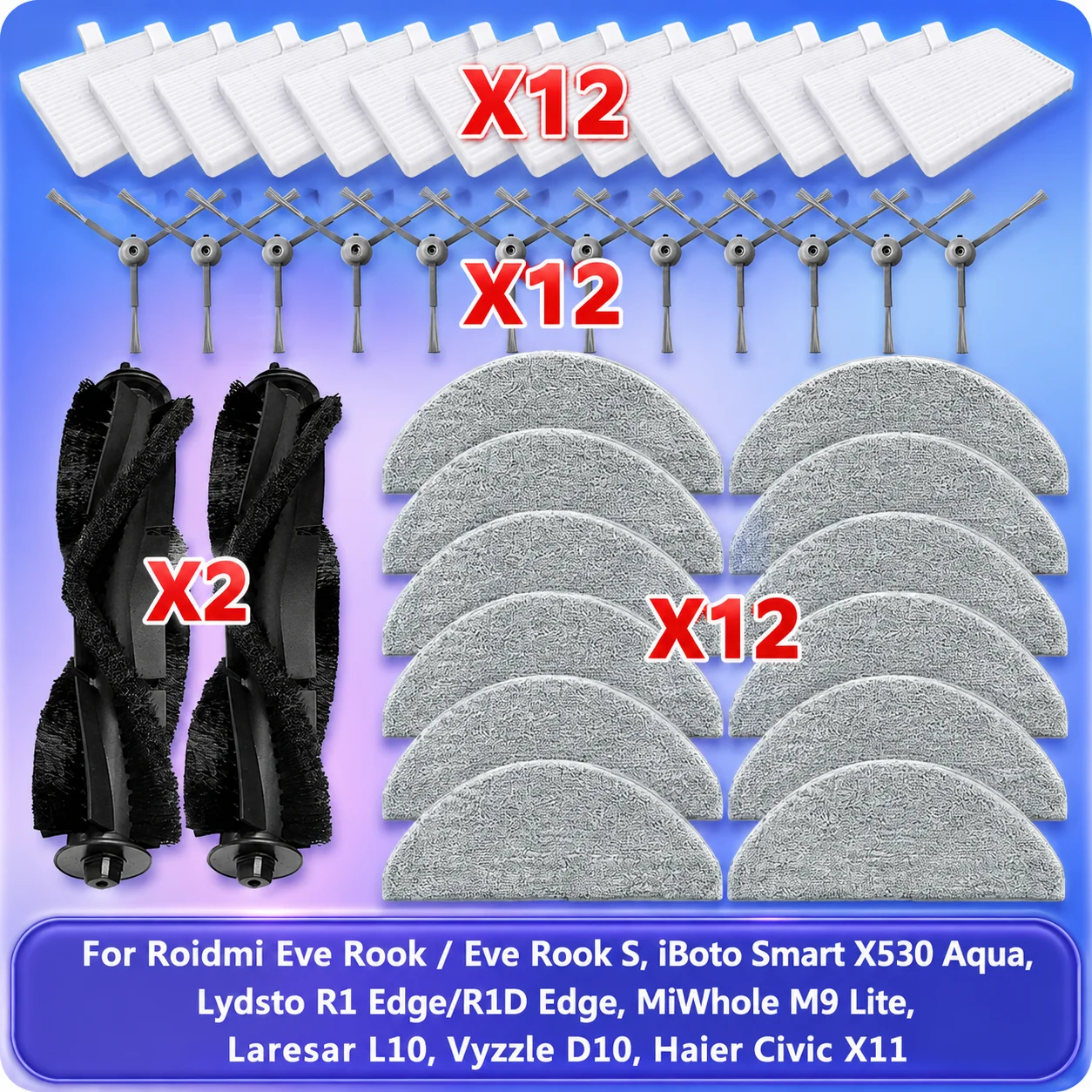 Compatible con Lydsto R1 Edge/R1D Edge, Laresar L10, iBoto Smart X530 Aqua, MiWhole M9 Lite, Vyzzle D10, Roidmi Eve Rook/Eve Rook S, Haier Civic X11 / HSR Home M3 Piezas Filtro Cepillo Lateral Trapo de Limpieza