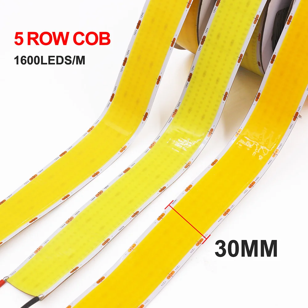 Super Bright 1600LEDs/m COB LED Strip 12V Light Tape Flex 5 Rows Wide 30mm PCB High Density Linear Lighting Warm Natural White