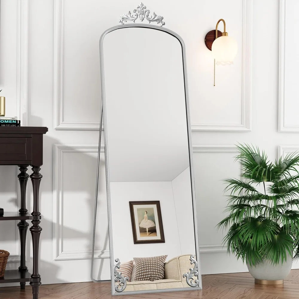 Miroir pleine longueur avec support, miroir de sol complet avec décor sculpté en argent, miroir sur pied arqué suspendu ou penché